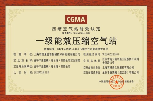 CGMA Level 1 Energy Efficiency Certificate for the Jinqiao Fengyi Chlor-Alkali (Lianyungang) compressed air station, certified under GB/T 45785-2025.